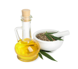 Hemp oil, fresh leaves and seeds on white background