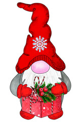 Christmas gnome with red gift box