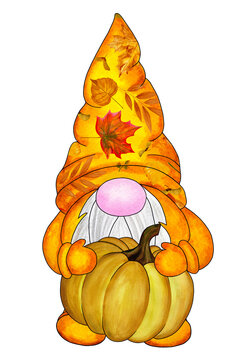 Autumn nordic fairy gnome with pumpkin