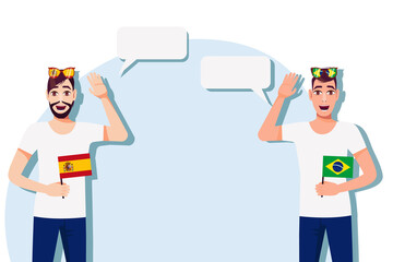 The concept of international communication, sports, education, business between Spain and Brazil. Men with Spanish and Brazilian flags. Vector illustration.