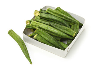 Healthy okra chips isolated on white background 