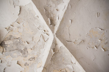 White empty grungy old vintage damaged background wall surface with peeling off Whitewash texture