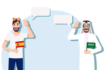 The concept of international communication, sports, education, business between Spain and Saudi Arabia. Men with Spanish and Saudi flags. Vector illustration.