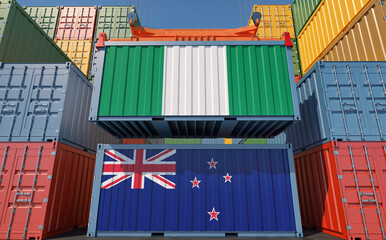 Freight containers with New Zealand and Nigeria national flags. 3D Rendering 