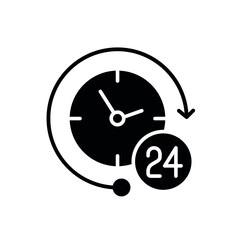 Round the clock glyph icon. 24 hours. Vector fill black illustration.