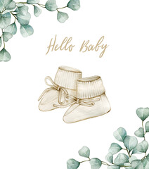 Watercolor illustration card hello baby with socks and eucalyptus. Hand drawn clipart isolated on white background.  Perfect for card, postcard, invitation, baby shower, tags, printing, poster.