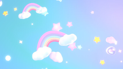 3d rendered cartoon dreamy rainbows, clouds, and stars in the soft pastel gradient sky.