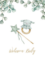 Watercolor illustration card welcome baby with toy, star and eucalyptus. Hand drawn clipart isolated on white background.  