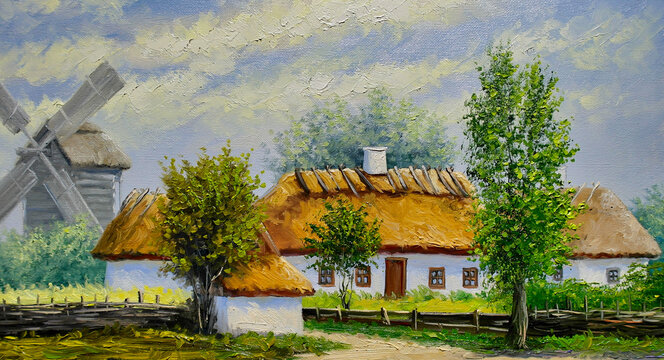 Oil paintings rural landscape, fine art, traditional house in the village
