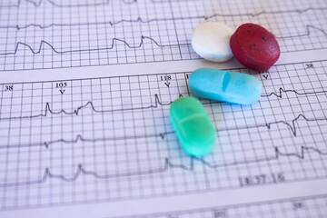 Colored drugs on an electrocardiogram paper. Study of the heart.