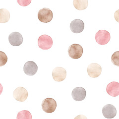 Watercolor seamless pattern with pastel color circles. Hand drawn illustration isolated on white background. Vintage design for children's textiles, printing. Perfect for nursery, card, baby shower.