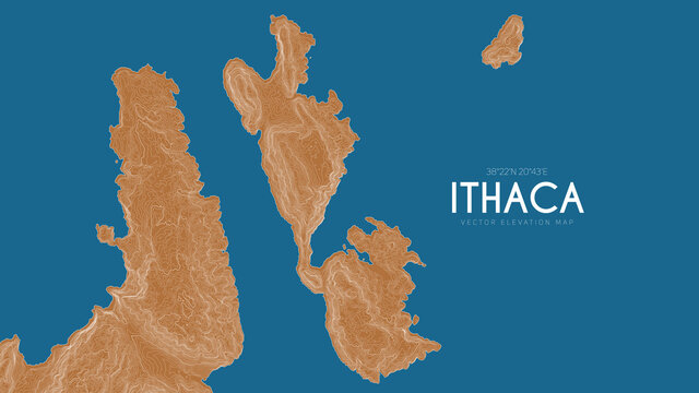 Topographic map of Ithaca, Greece. Vector detailed elevation map of island. Geographic elegant landscape outline poster.