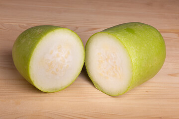 Gourd melon, also known as winter melon. Thai people often bring Gourd melon to cook in the form of boiling, stir-frying. The most popular menu is boiled melon soup with chicken.