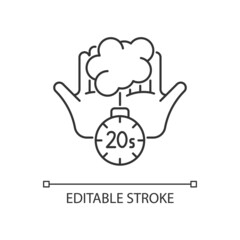 Scrub hands for twenty seconds linear icon. Clearing out germs. Rubbing hands under warm water. Thin line customizable illustration. Contour symbol. Vector isolated outline drawing. Editable stroke
