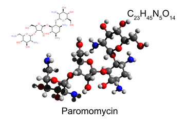 Chemical formula, structural formula and 3D ball-and-stick model of aminoglycoside antibiotic paromomycin, white background