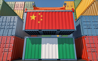 Freight containers with China and Nigeria national flags. 3D Rendering 