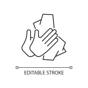 Dry hands with tissue linear icon. Wiping off dirt and germs from palms. Use antibacterial wipes. Thin line customizable illustration. Contour symbol. Vector isolated outline drawing. Editable stroke