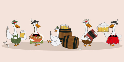 Goose. Set. A group of geese are drinking beer. Plays the acardion. Celebrating the Oktoberfest party in traditional dress. Beer Beer festival. Fest Concept Flat. Cute sticker template, cartoon  © Tetiana Kasatkina