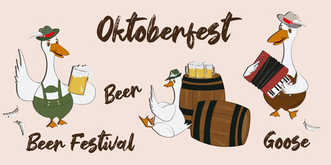 Goose. Set. A group of geese are drinking beer. Plays the acardion. Celebrating the Oktoberfest party in traditional dress. Beer Beer festival. Fest Concept Flat. Cute sticker template, cartoon  © Tetiana Kasatkina