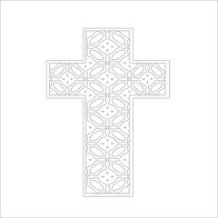 cross with black and white patterns on a white background. 
Repeating geometric pattern from striped elements. 