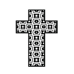 cross with black and white patterns on a white background. 