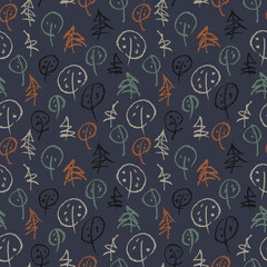 Minimalistic seamless pattern with hand drawn trees. Stylish modern pattern with doodles.