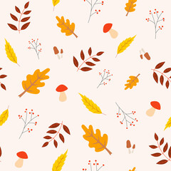 seamless autumn pattern with leaves, mushrooms, branches and berries. Background for textile, book covers, wallpapers, design, graphic art, printing, hobby.