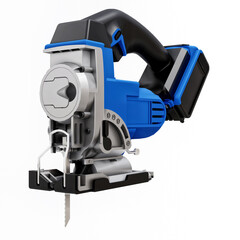 The tool is a blue electric jigsaw on a white isolated background. 3d rendering.