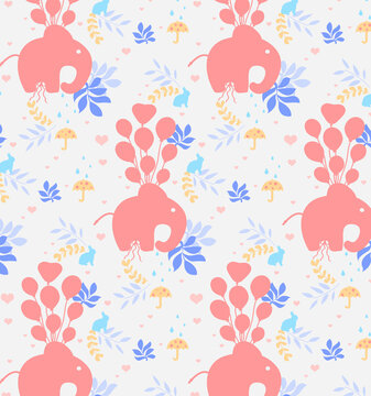 Seamless  pattern with cute  elephant  on floral background. Perfect for textile, wallpaper or print design.
