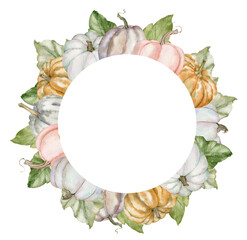 Watercolor round frame with colorful pumpkins and green leaves. Botanical autumn illustration. Thankgiving holiday and fall template for your design.