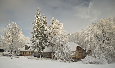 Beautiful snowy sunny winter day in Kuldiga, Latvia. 