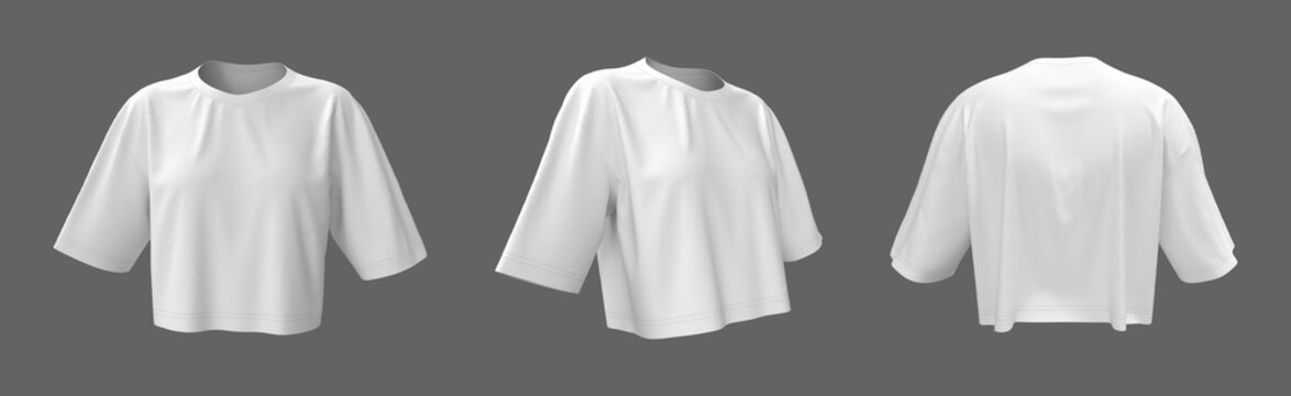 Women's cropped t-shirt mockup, front, side and back views, design presentation for print, 3d illustration, 3d rendering