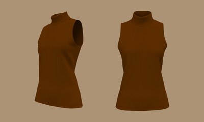 Sleeveless turtleneck shirt mockup in front and side views, 3d rendering, 3d illustration