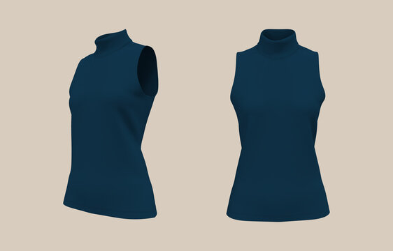 Sleeveless Turtleneck Shirt Mockup In Front And Side Views, 3d Rendering, 3d Illustration