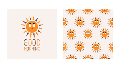 Cute sun with inscription good morning and seamless pattern on pastel background. Modern minimal vector illustration for wallpaper, fabric design, nursery bedroom