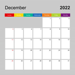 Сalendar page for December 2022, wall planner with colorful design. Week starts on Sunday.
