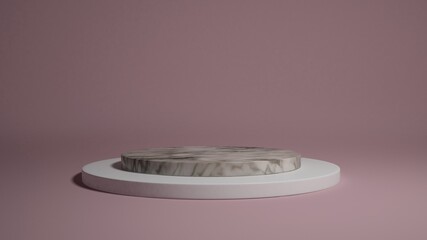 Marble podium on pink background. Beauty concept. Empty showcase cosmetic product presentation in pastel pink room.