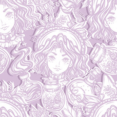 Vector illustration, Halloween, witch, bottles of potion, mystic, witchcraft. handmade, prints, background light purple, seamless pattern