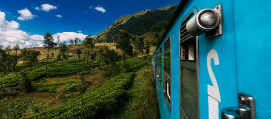 Blue train in Sri Lanka. Blue Sri Lankan Train goes through jungles, trees, wood, mountains. Travel by train in Asia, panorama. An Indian train passes through tea plantations. Travel in India