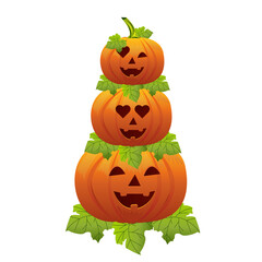 Pumpkins with carved faces, emotions, a smile. Festive decoration for the day of Halloween. Vector drawing on a white isolated background.