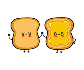 Cute, funny happy toast and toast with honey character. Vector hand drawn cartoon kawaii characters, illustration icon. Funny cartoon toast and toast with honey friends concept