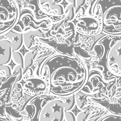 Vector illustration, Halloween, bottles of potion, witch hat, moon with stars, mystic, witchcraft. handmade, prints, seamless pattern, background grey