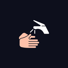 Wetting hands with water RGB color icon for dark theme. Good hygiene practice. Using warm water. Isolated vector illustration on night mode background. Simple filled line drawing on black