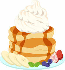 生クリームがたっぷりと乗ったパンケーキ、フルーツ添え