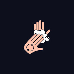 Rub palms with fingers RGB color icon for dark theme. Regular handwashing. Covering hands with soap lather. Isolated vector illustration on night mode background. Simple filled line drawing on black