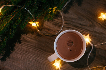 Cup of hot cocoa on the wooden table, top view