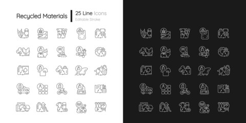 Recycled materials linear icons set for dark and light mode. Sustainable option. Eco friendly product. Customizable thin line symbols. Isolated vector outline illustrations. Editable stroke