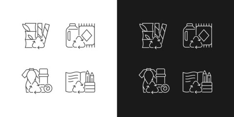 Reduce environmental pollution linear icons set for dark and light mode. Compostable straws. Ethical flooring. Customizable thin line symbols. Isolated vector outline illustrations. Editable stroke