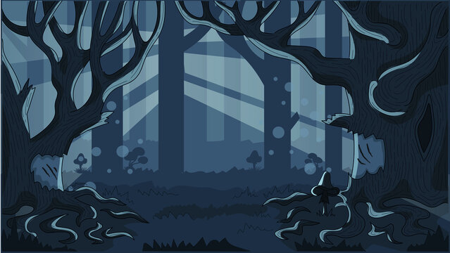 Dark night misterious forest with complex and sophisticated trees and volume background. Beam light. Halloween, suspense and creepy mood.