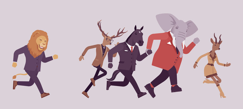 Animal lion chasing in anger elephant, deer, roe and horse. Pursue to catch, angry crying business male person of great power, office boss in aggressive follow after employees. Vector illustration